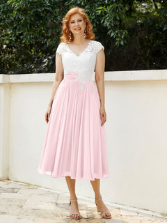 V Neck Chiffon Dress with Ivory Appliqued Bodice Blushing Pink