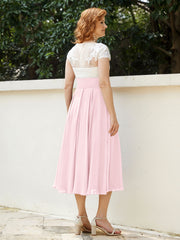 V Neck Chiffon Dress with Ivory Appliqued Bodice Blushing Pink