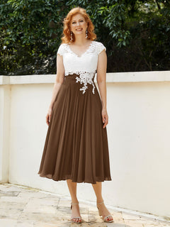 V Neck Chiffon Dress with Ivory Appliqued Bodice Brown