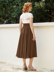 V Neck Chiffon Dress with Ivory Appliqued Bodice Brown