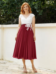 V Neck Chiffon Dress with Ivory Appliqued Bodice Burgundy