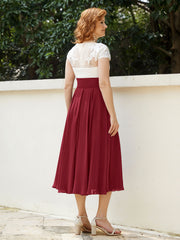 V Neck Chiffon Dress with Ivory Appliqued Bodice Burgundy