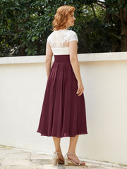 V Neck Chiffon Dress with Ivory Appliqued Bodice Cabernet