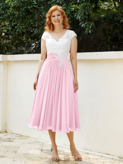 V Neck Chiffon Dress with Ivory Appliqued Bodice Candy Pink