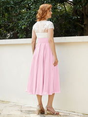 V Neck Chiffon Dress with Ivory Appliqued Bodice Candy Pink