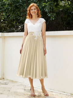 V Neck Chiffon Dress with Ivory Appliqued Bodice Champagne