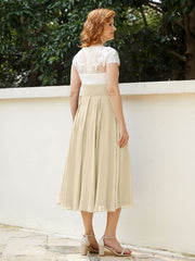 V Neck Chiffon Dress with Ivory Appliqued Bodice Champagne