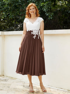 V Neck Chiffon Dress with Ivory Appliqued Bodice Chocolate