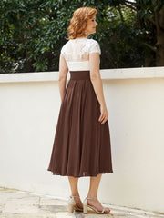 V Neck Chiffon Dress with Ivory Appliqued Bodice Chocolate