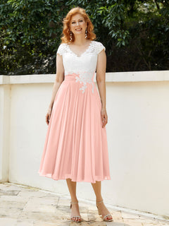 V Neck Chiffon Dress with Ivory Appliqued Bodice Coral