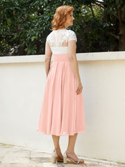 V Neck Chiffon Dress with Ivory Appliqued Bodice Coral
