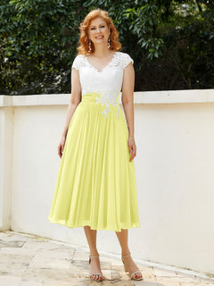 V Neck Chiffon Dress with Ivory Appliqued Bodice Daffodil