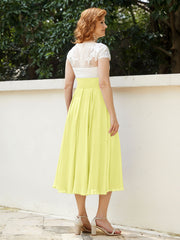 V Neck Chiffon Dress with Ivory Appliqued Bodice Daffodil