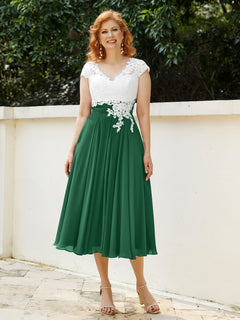 V Neck Chiffon Dress with Ivory Appliqued Bodice Dark Green