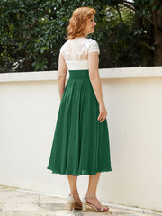 V Neck Chiffon Dress with Ivory Appliqued Bodice Dark Green