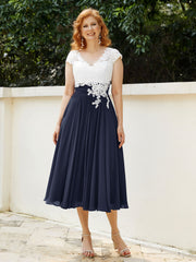 V Neck Chiffon Dress with Ivory Appliqued Bodice Dark Navy