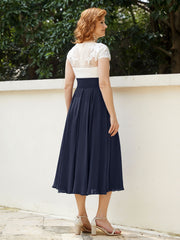 V Neck Chiffon Dress with Ivory Appliqued Bodice Dark Navy