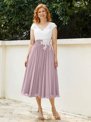 V Neck Chiffon Dress with Ivory Appliqued Bodice Dusk