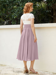 V Neck Chiffon Dress with Ivory Appliqued Bodice Dusk