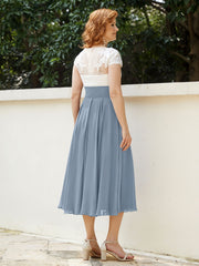 V Neck Chiffon Dress with Ivory Appliqued Bodice Dusty Blue