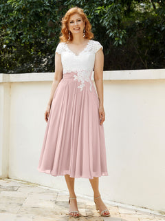 V Neck Chiffon Dress with Ivory Appliqued Bodice Dusty Rose