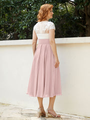 V Neck Chiffon Dress with Ivory Appliqued Bodice Dusty Rose