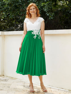 V Neck Chiffon Dress with Ivory Appliqued Bodice Emerald