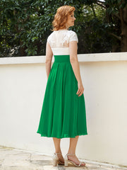 V Neck Chiffon Dress with Ivory Appliqued Bodice Emerald