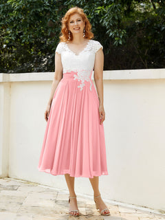 V Neck Chiffon Dress with Ivory Appliqued Bodice Flamingo