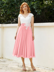 V Neck Chiffon Dress with Ivory Appliqued Bodice Flamingo