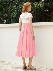V Neck Chiffon Dress with Ivory Appliqued Bodice Flamingo