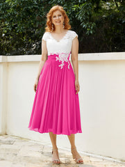 V Neck Chiffon Dress with Ivory Appliqued Bodice Fuchsia