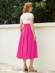 V Neck Chiffon Dress with Ivory Appliqued Bodice Fuchsia