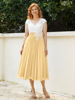 V Neck Chiffon Dress with Ivory Appliqued Bodice Gold