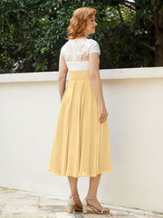 V Neck Chiffon Dress with Ivory Appliqued Bodice Gold