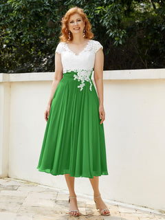 V Neck Chiffon Dress with Ivory Appliqued Bodice Green