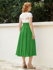 V Neck Chiffon Dress with Ivory Appliqued Bodice Green