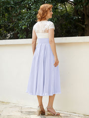 V Neck Chiffon Dress with Ivory Appliqued Bodice Lavender