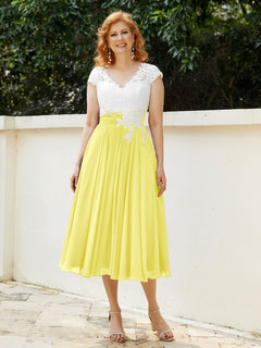 V Neck Chiffon Dress with Ivory Appliqued Bodice Lemon