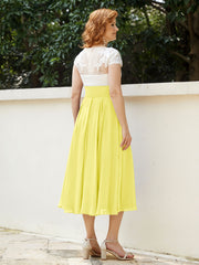 V Neck Chiffon Dress with Ivory Appliqued Bodice Lemon