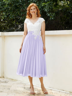 V Neck Chiffon Dress with Ivory Appliqued Bodice Lilac