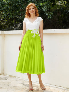 V Neck Chiffon Dress with Ivory Appliqued Bodice Lime Green