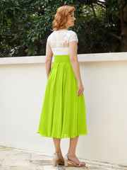 V Neck Chiffon Dress with Ivory Appliqued Bodice Lime Green