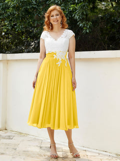 V Neck Chiffon Dress with Ivory Appliqued Bodice Marigold