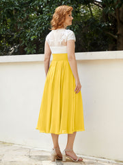 V Neck Chiffon Dress with Ivory Appliqued Bodice Marigold