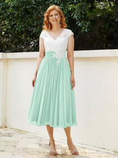 V Neck Chiffon Dress with Ivory Appliqued Bodice Mint Green