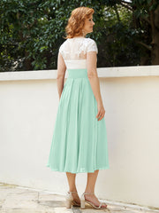 V Neck Chiffon Dress with Ivory Appliqued Bodice Mint Green