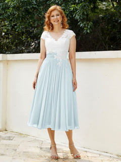 V Neck Chiffon Dress with Ivory Appliqued Bodice Mist