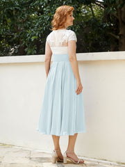 V Neck Chiffon Dress with Ivory Appliqued Bodice Mist