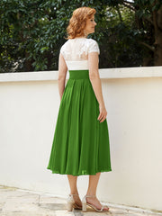 V Neck Chiffon Dress with Ivory Appliqued Bodice Moss